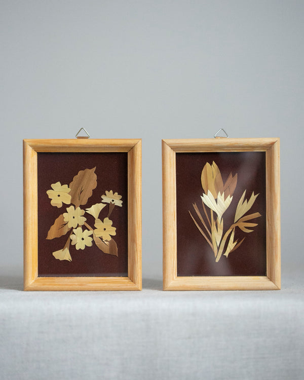 2 Holzblumen Bilder handgefertigt Bilderrahmen aus Holz Vintage VEB Künstlerpuppen Dresden