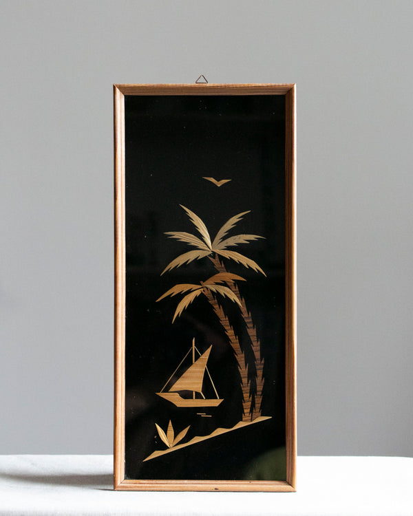 Palmen und ein Boot Strohintarsien