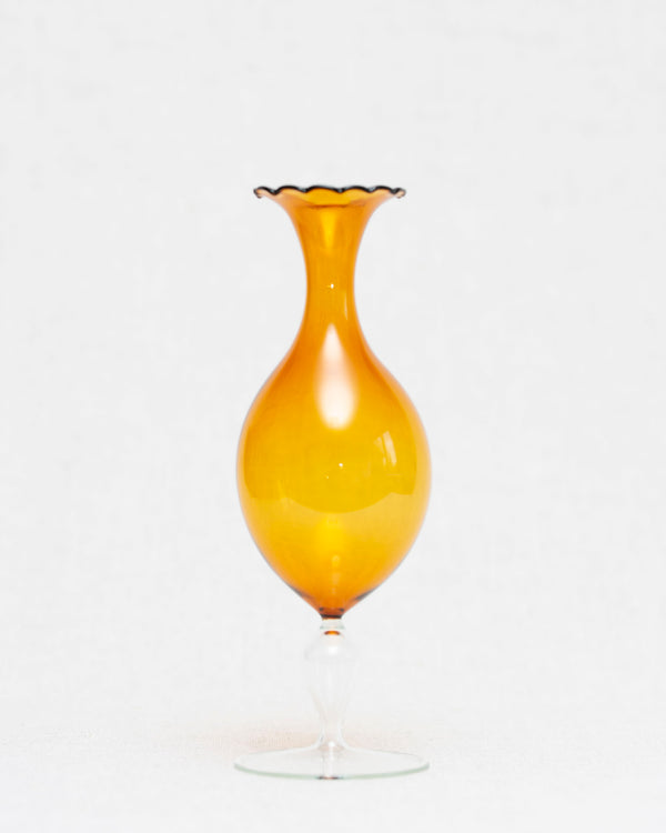 bernsteinfarbene Glaskunst Vase mit Rüschenrand